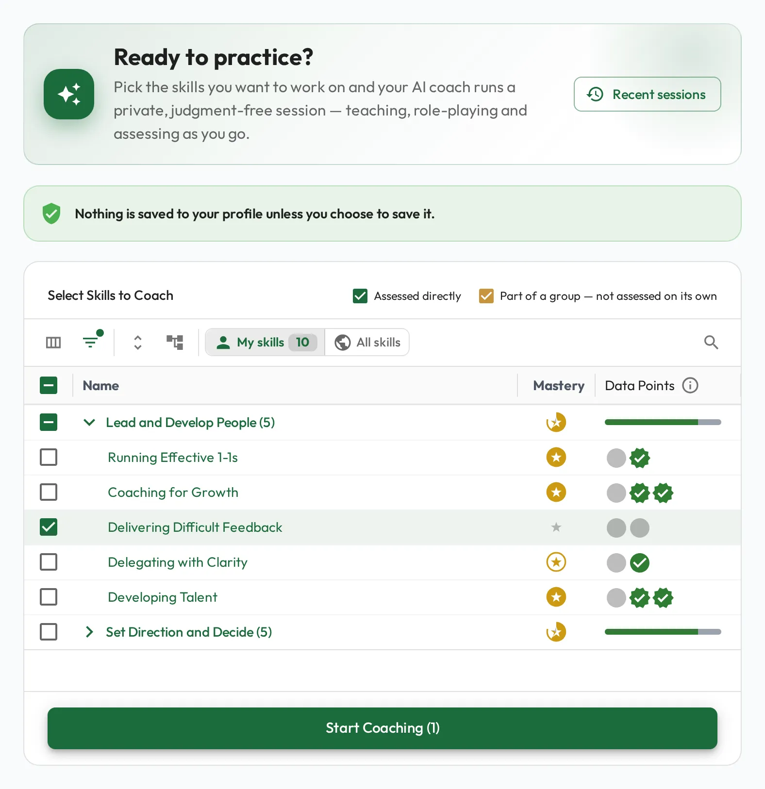 The AI Coaching home where staff practice and test skills