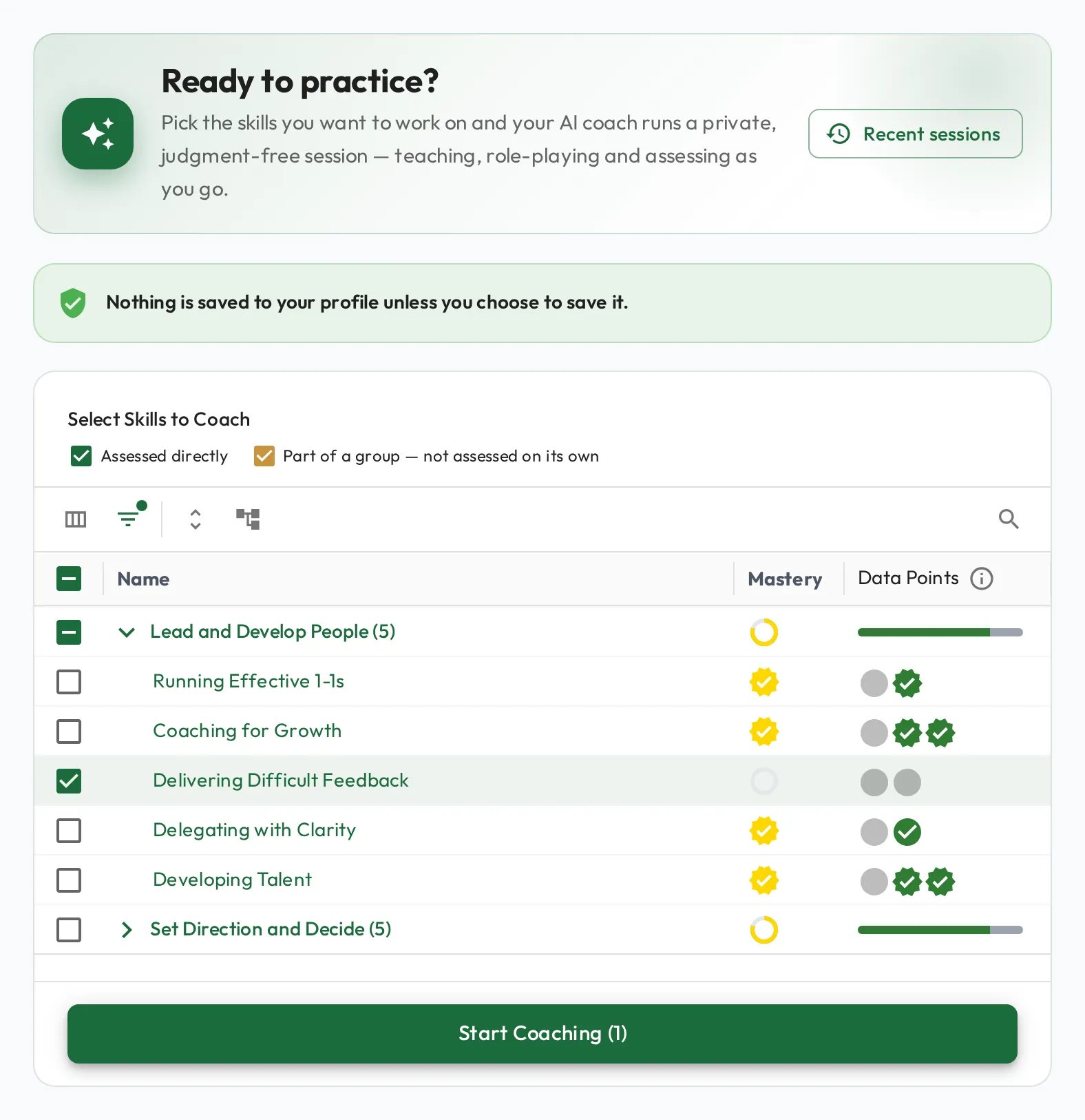 The AI Coaching home where staff practice and test skills
