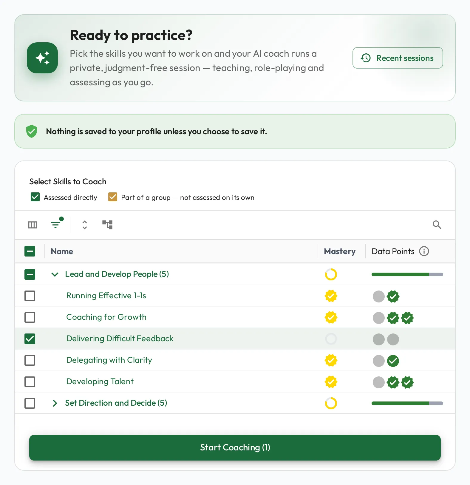 The Coach Me page, where a person picks the skills they want to work on and starts a session.