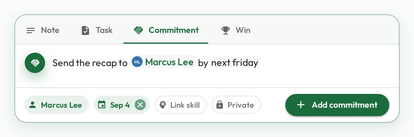 A commitment being written in the note box: the text reads 'Send the recap to Marcus Lee by next friday', where Marcus Lee is an @-mention chip and 'next friday' is highlighted, and the Due date pill already shows Jul 24.