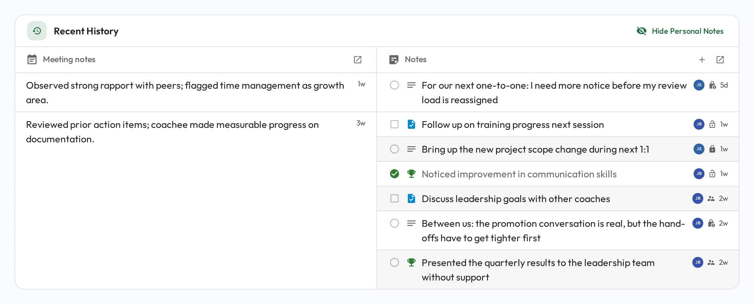 The Recent History card in a Meeting: past Meeting notes in one column, and in the other a list of tasks, notes and wins, each with a control to mark it done or discussed.