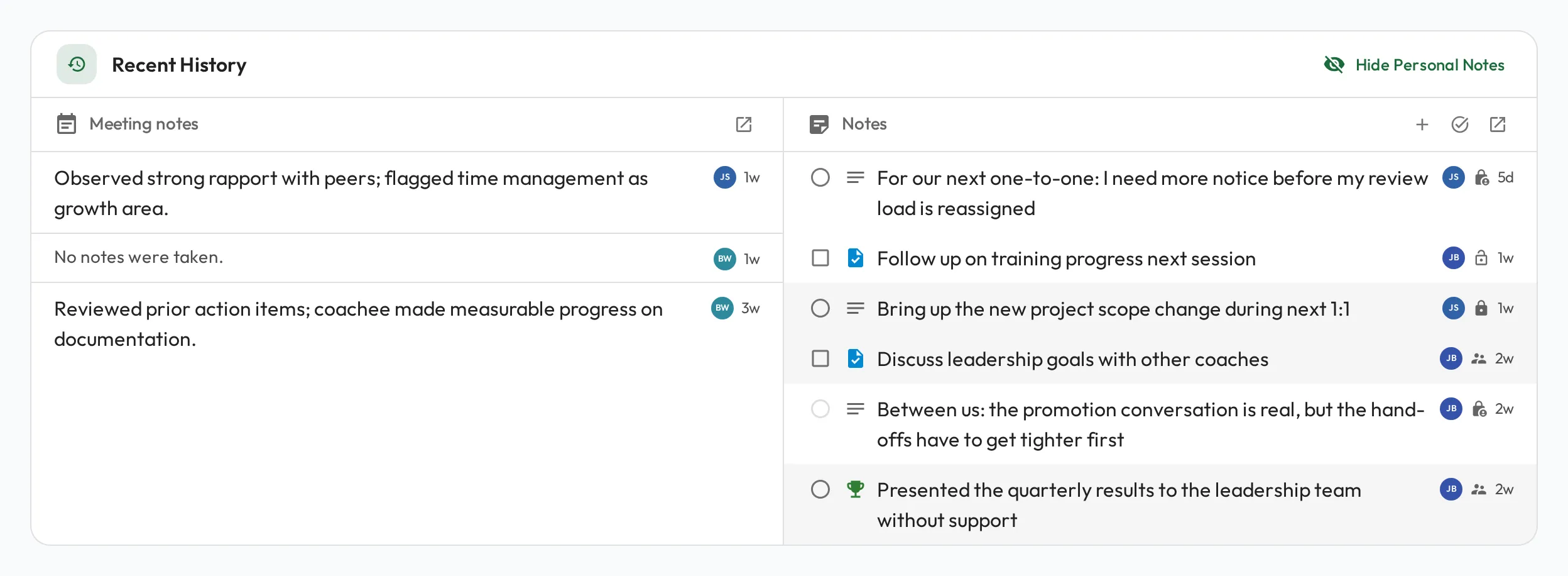 The Recent History card in a Meeting: a Meeting notes column of past sessions beside a Notes column of the tasks, notes and wins still open, each with a control to mark it done or discussed.