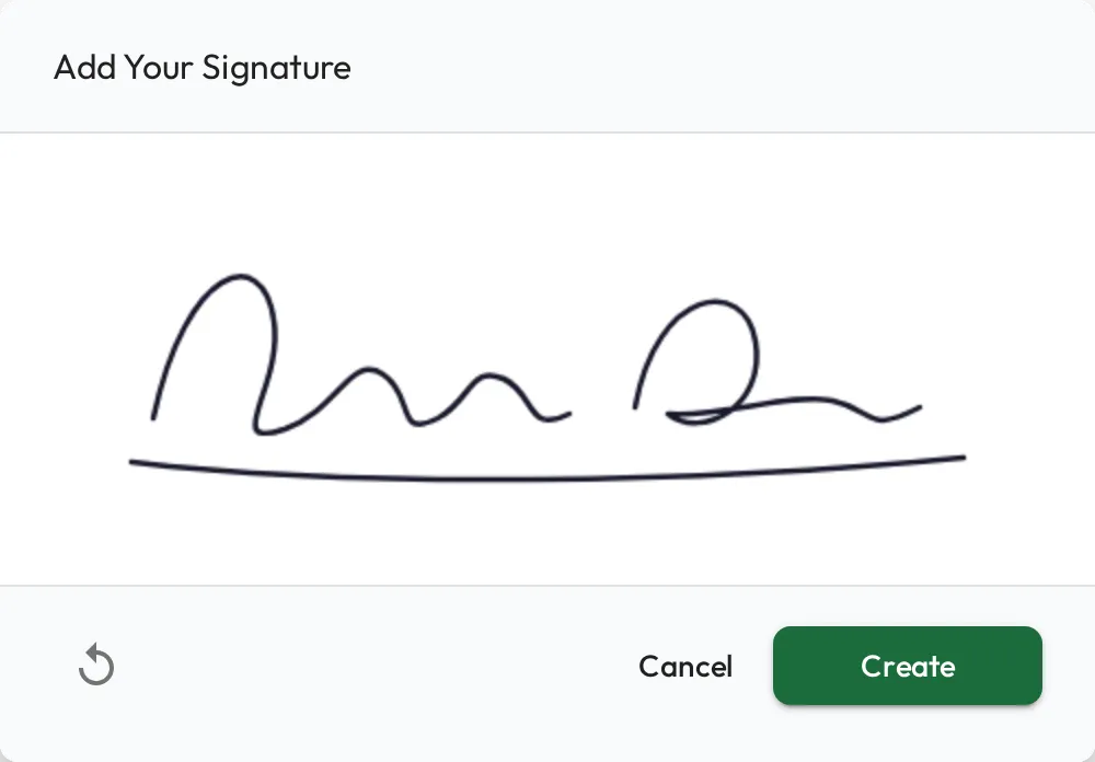 The Add Your Signature dialog with a handwritten signature drawn on the pad, a Clear button, and Cancel and Create actions.