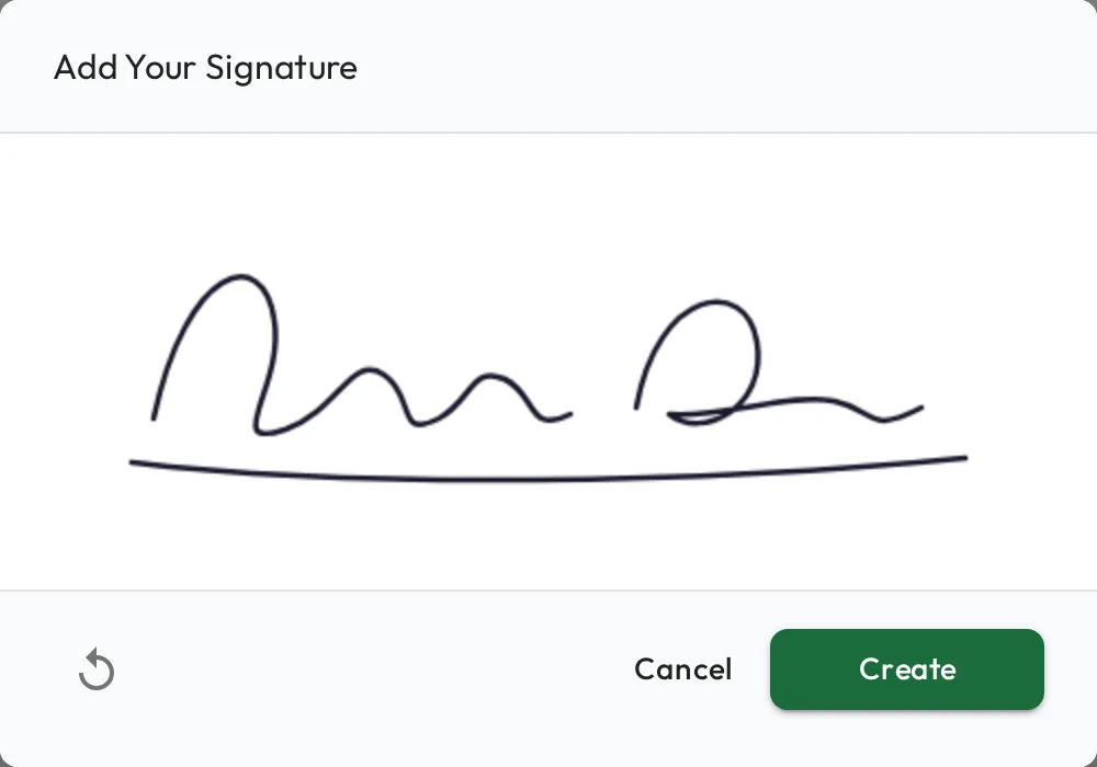 The Add Your Signature dialog with a handwritten signature drawn on the pad, a Clear button, and Cancel and Create actions.