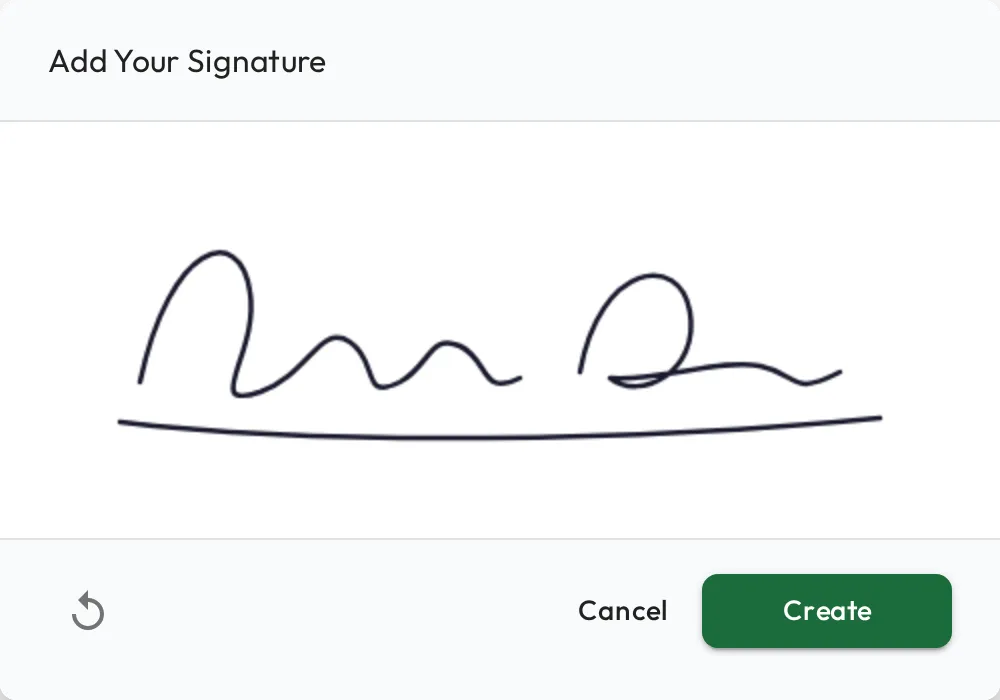 The Add Your Signature dialog with a handwritten signature drawn on the pad, a reset button, and Cancel and Create actions.