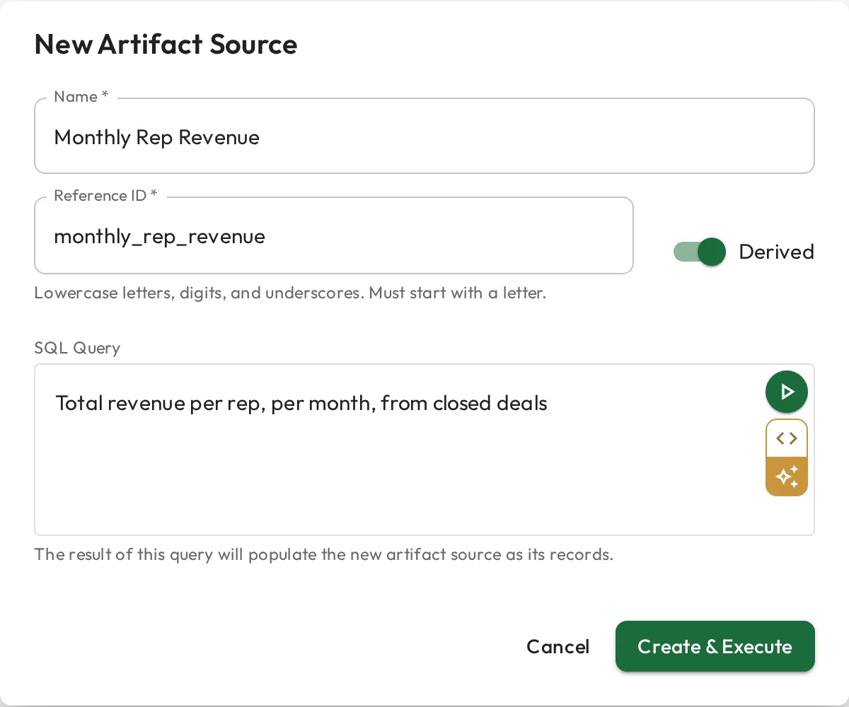 The New Artifact Source dialog with Derived turned on and a query, written in plain English, that totals revenue per rep per month.