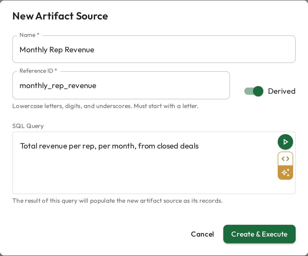 The New Artifact Source dialog with Derived turned on and a query, written in plain English, that totals revenue per rep per month.