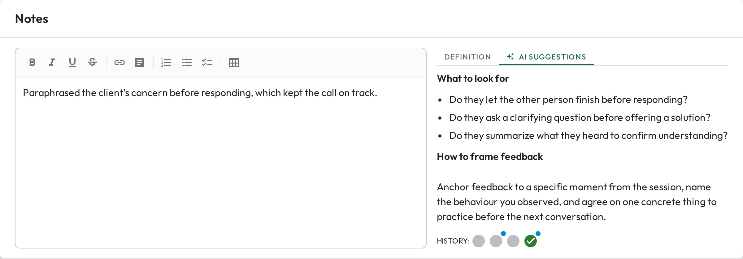 The notes dialog with the AI Suggestions tab open, showing generated guidance on what to look for and how to frame feedback for the skill.