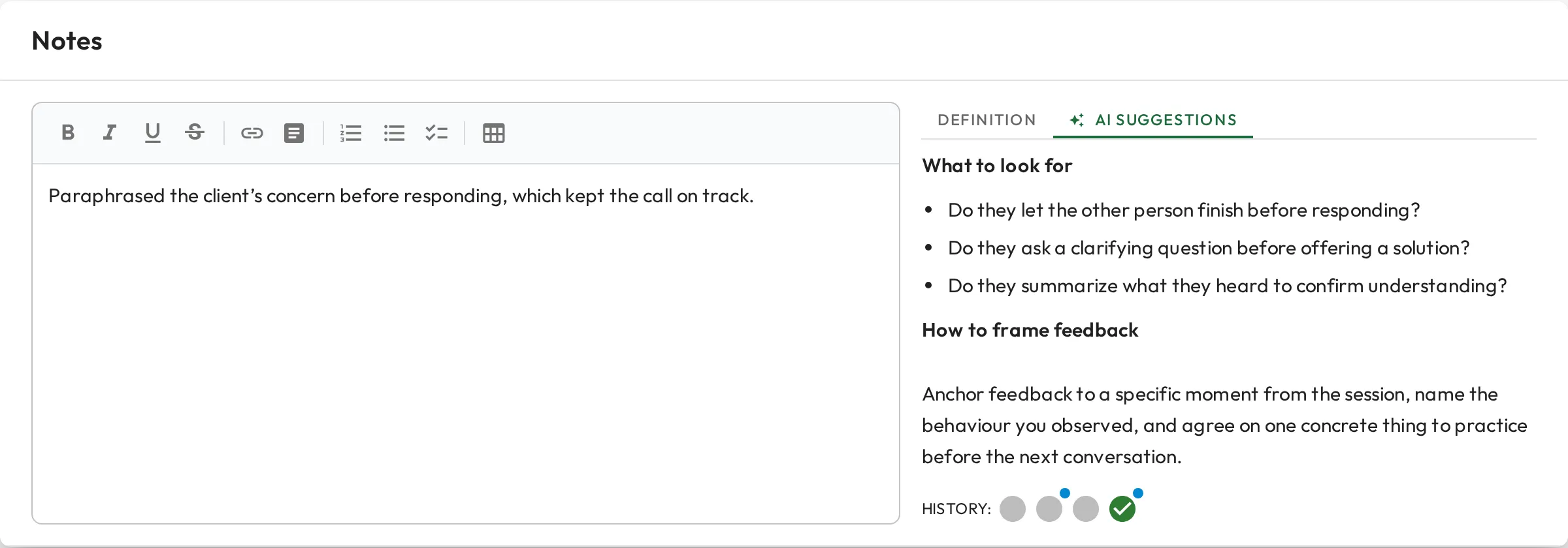 The notes dialog with the AI Suggestions tab open, showing generated guidance on what to look for and how to frame feedback for the skill.