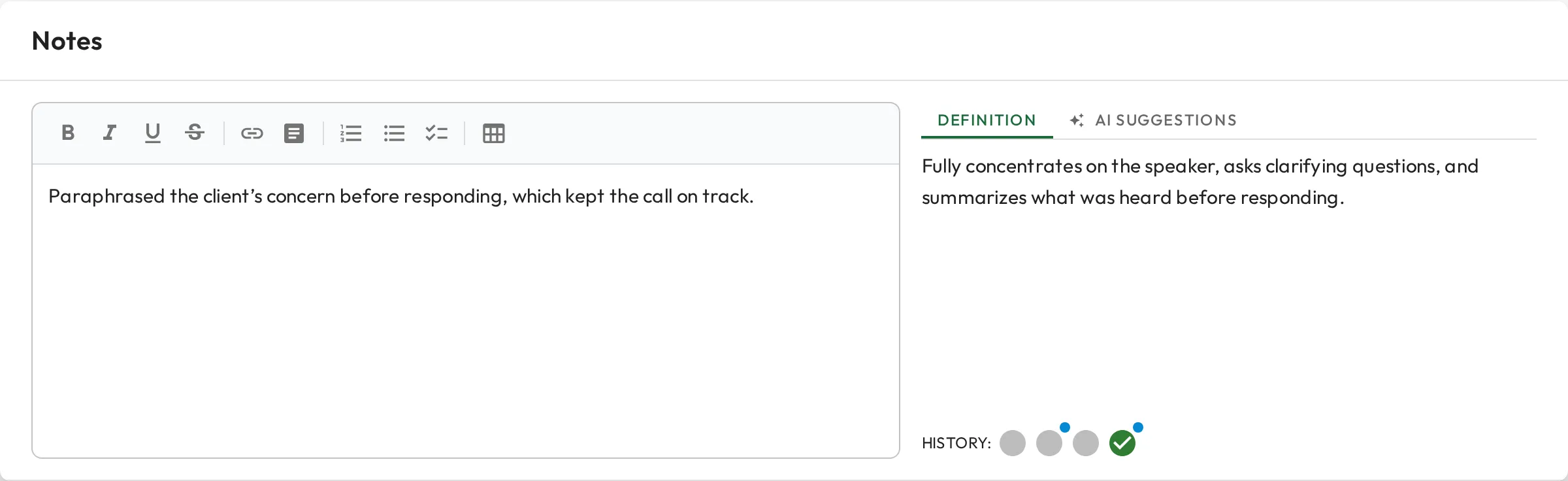 The notes dialog for a skill: a note being written on the left, with the skill's definition and a history of past observations on the right.