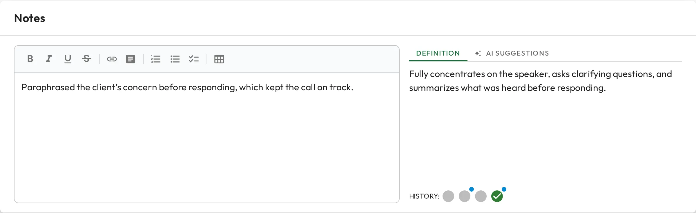 The notes dialog for a skill: a note being written on the left, with the skill's definition and a history of past observations on the right.