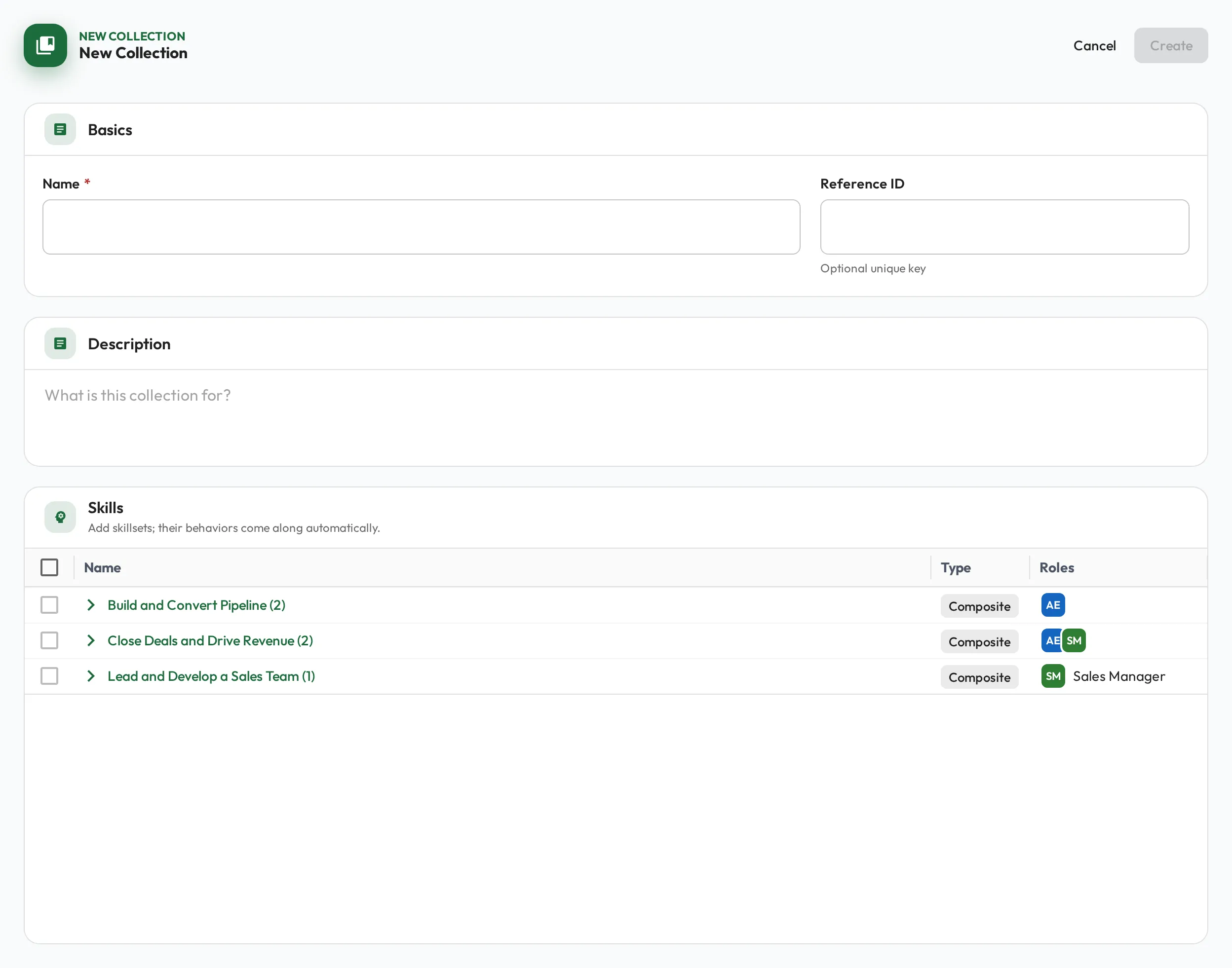 The Create Collection page with a form and a skill tree where only root skills are selectable.
