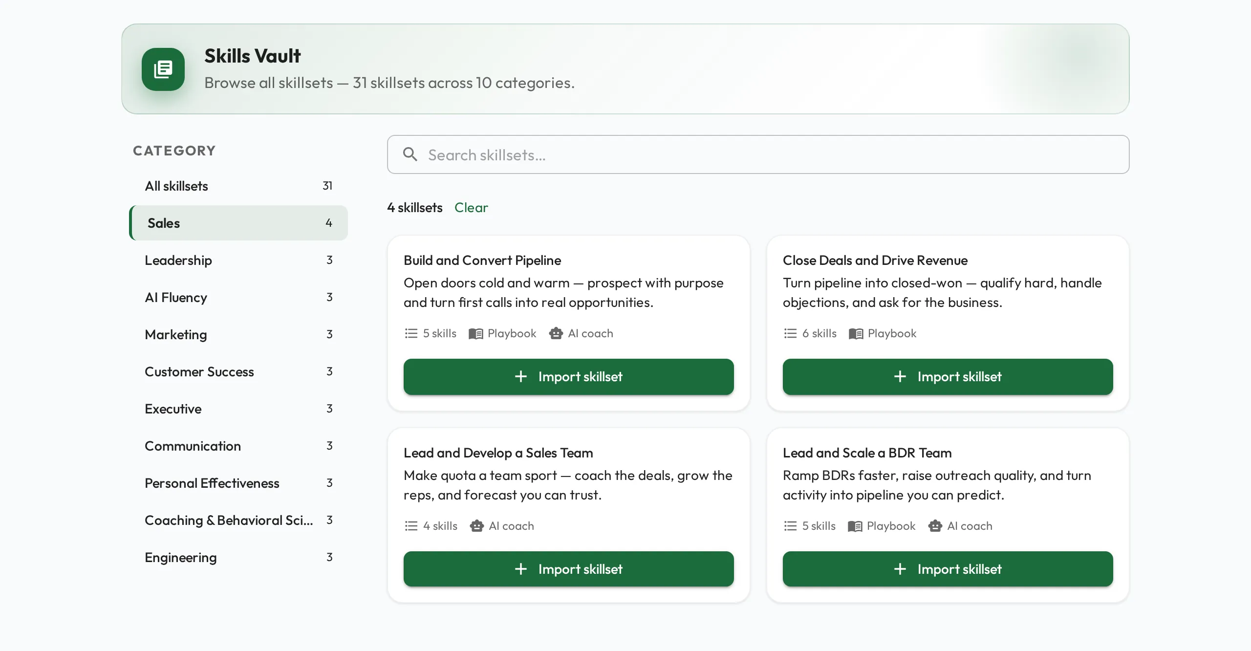 The Skills Vault browse page filtered to one category, showing skillsets with Import buttons.