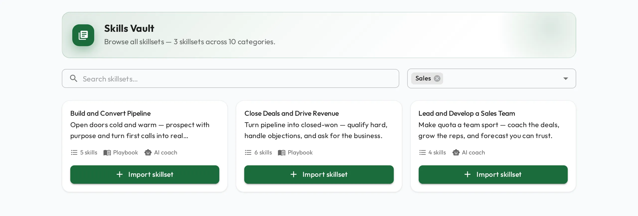 The Skills Vault browse page filtered to one category, showing skillsets with Import buttons.