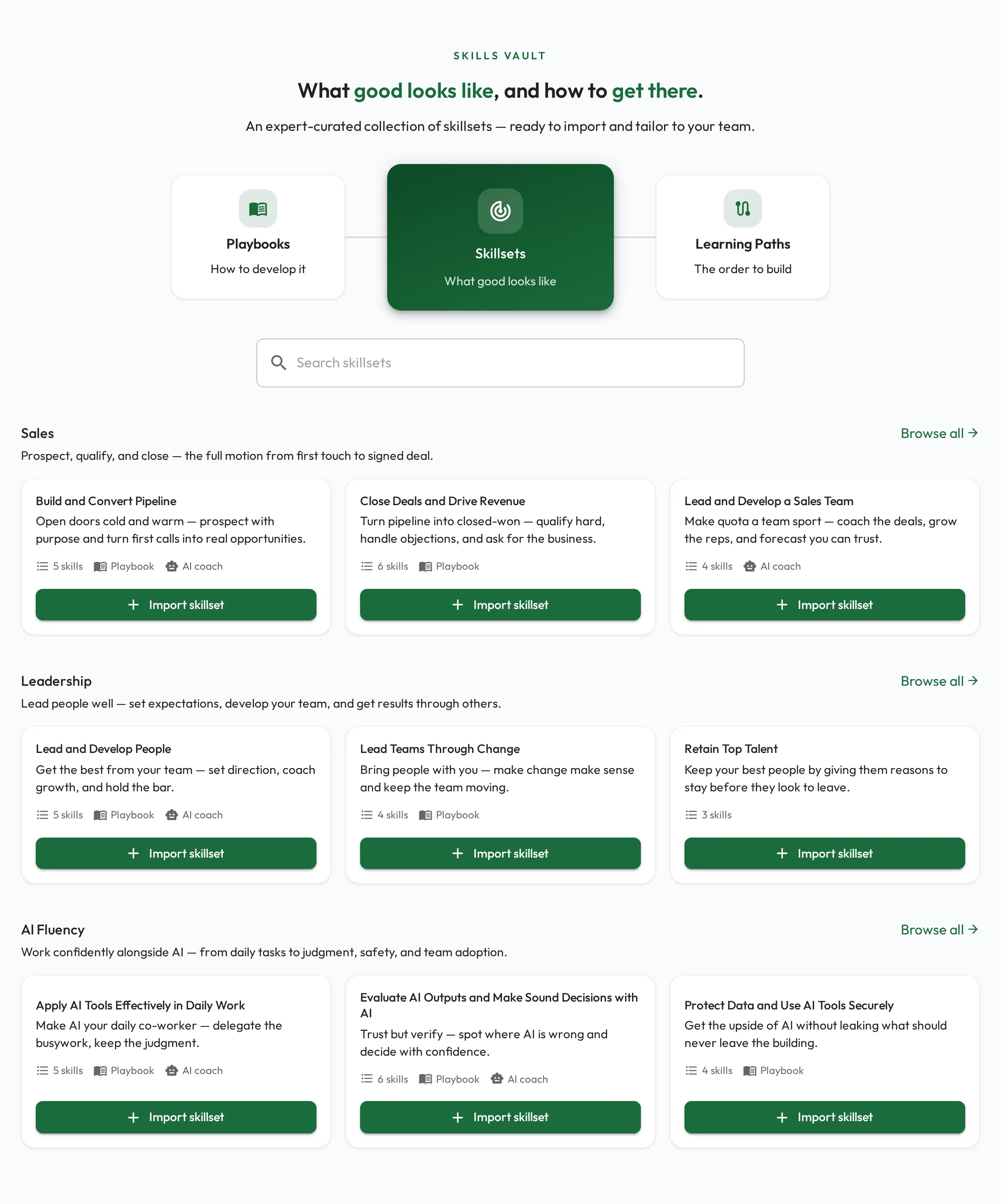 The Skills Vault home page with a featured skillset and rows of skillsets grouped by category.