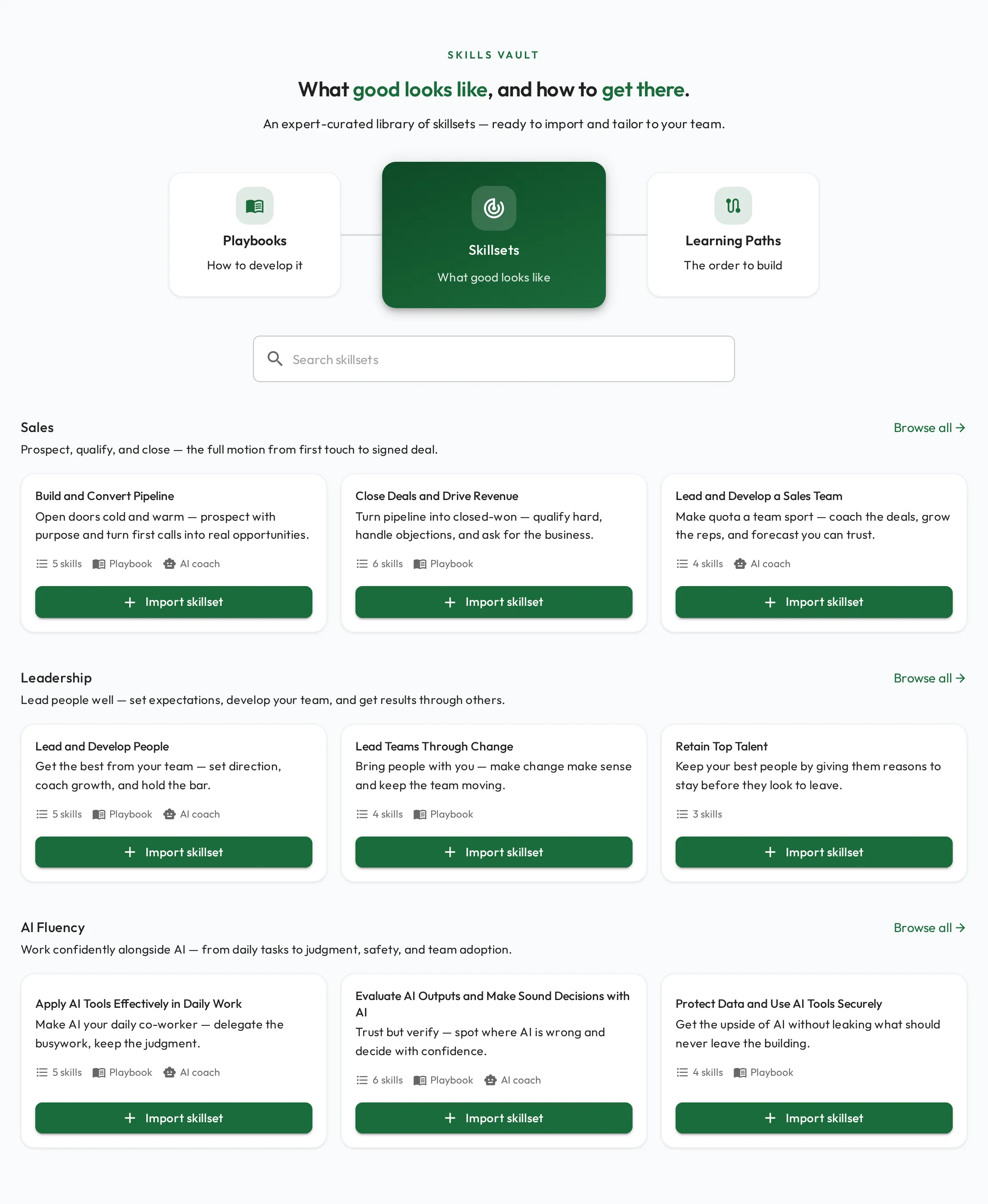 The Skills Vault home page with a featured skillset and rows of skillsets grouped by category.