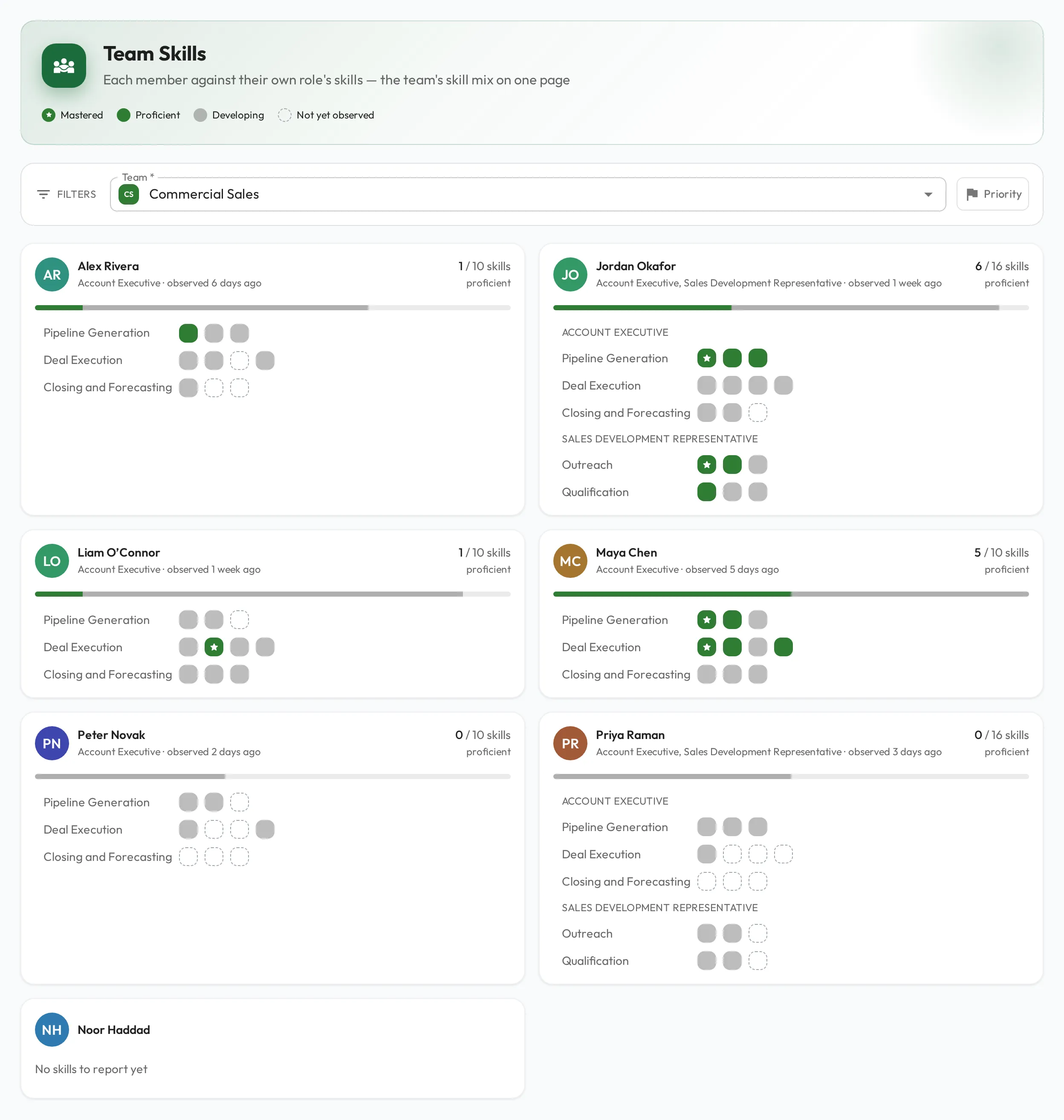 The Team Skills report: a legend of the four skill states, a Team filter with a Priority toggle, then a grid of member cards with each person's name, roles, a proficiency bar and rows of coloured squares grouped by skillset, plus one member whose card reads 'No skills to report yet'.
