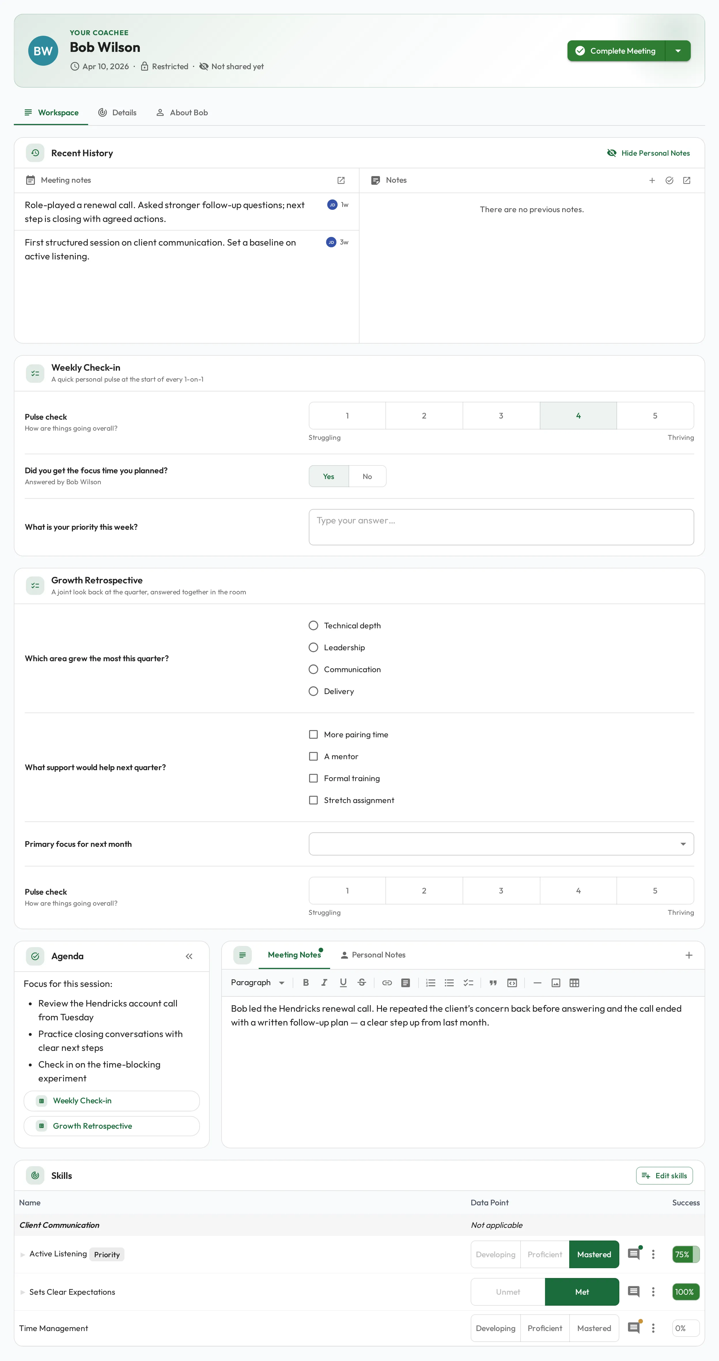 A running Meeting whose workspace carries two question sets between Recent History and the agenda: a Weekly Check-in part-answered with a pulse rating and a Yes / No question, and a Growth Retrospective with choice, dropdown and rating questions still blank.