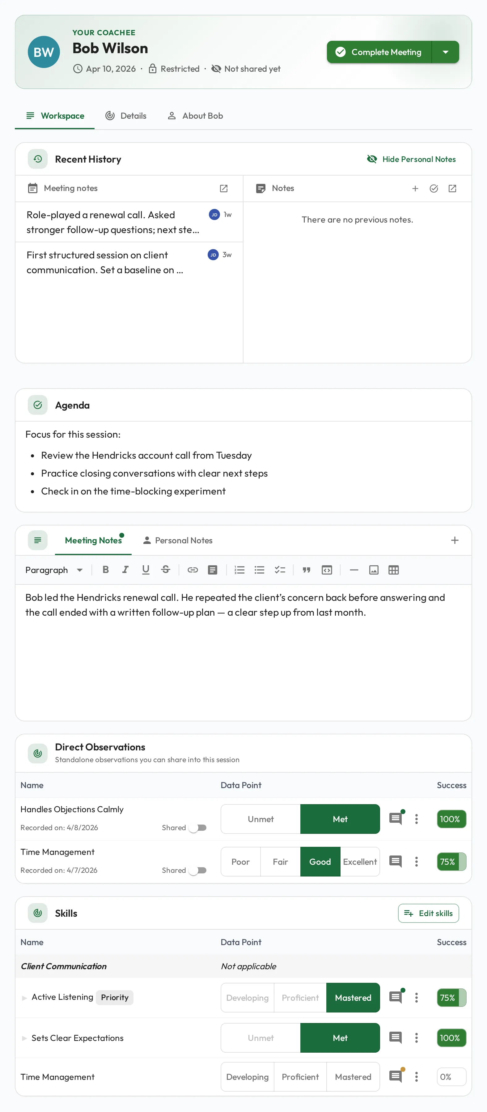 A Meeting in progress with notes and a skills table
