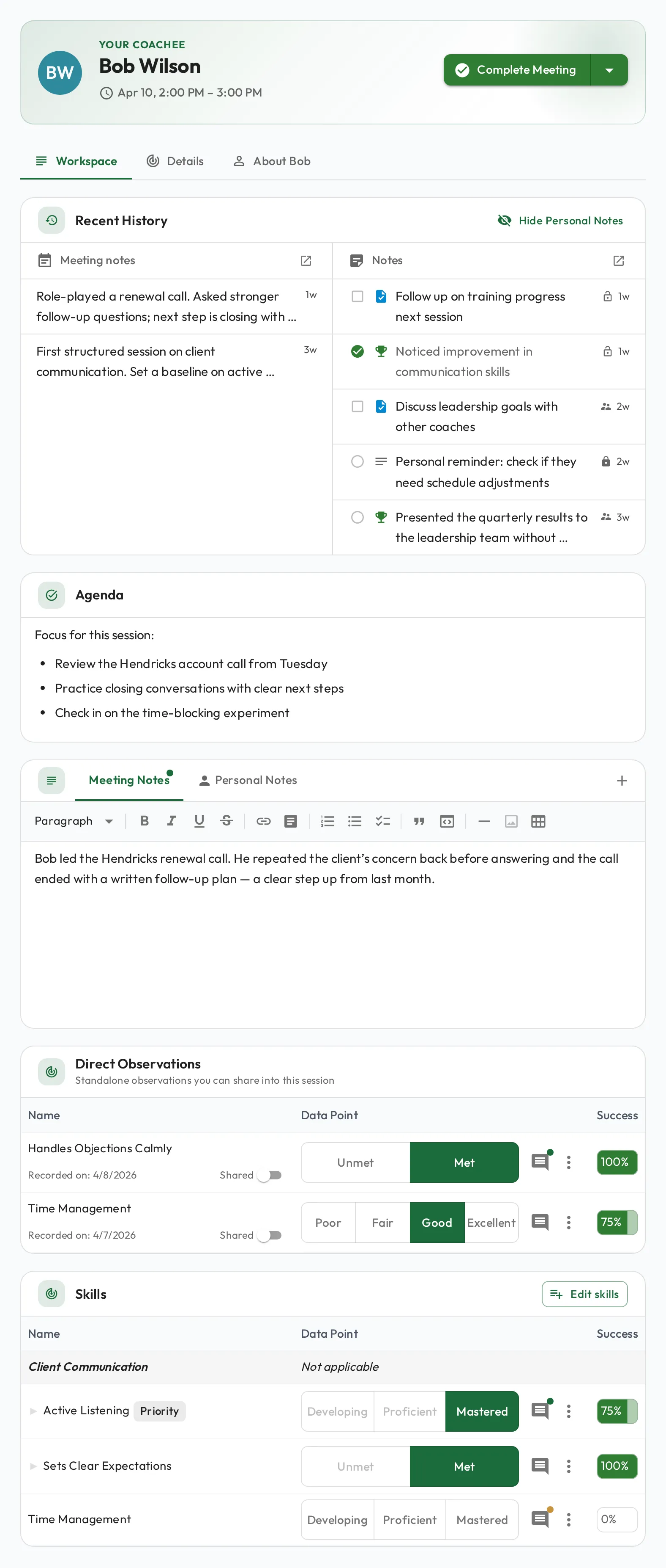 A Meeting in progress with notes and a skills table
