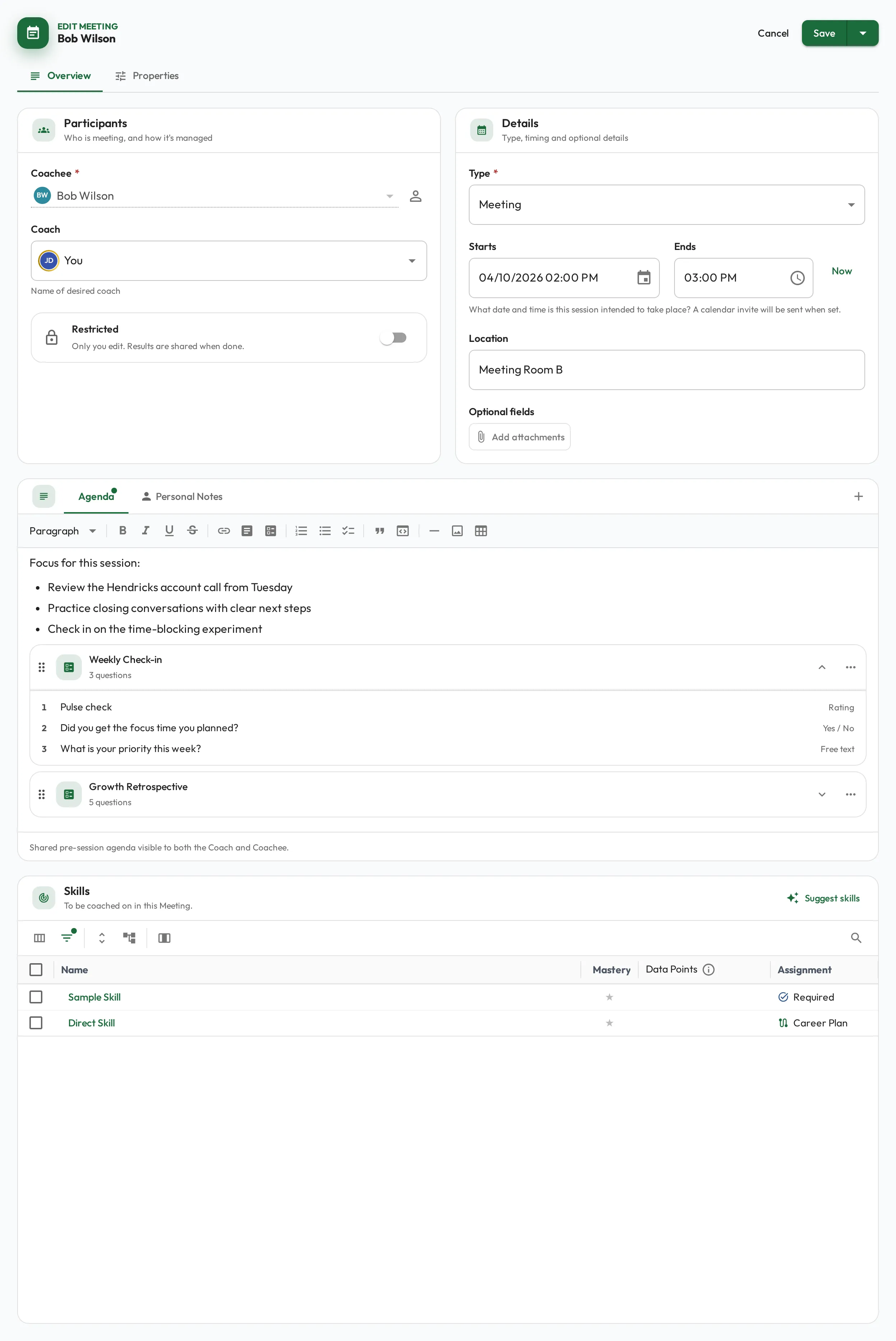 The Agenda of a Meeting being edited: three bullet points of focus followed by two question set cards, Weekly Check-in folded open to list its three questions with their types, and Growth Retrospective folded shut below it.