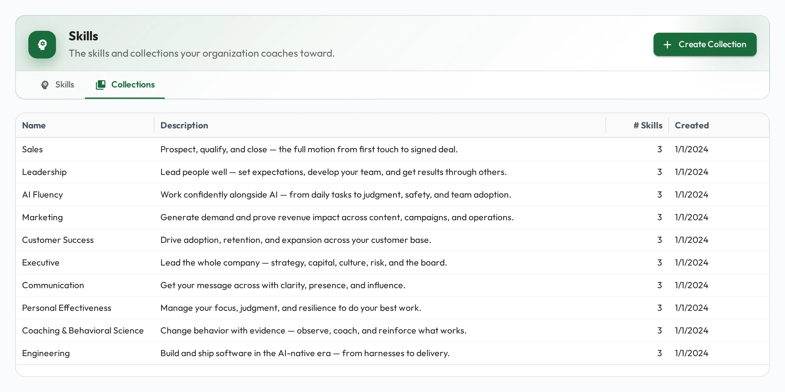 The Skills page Collections tab listing collections with their description and skill count.