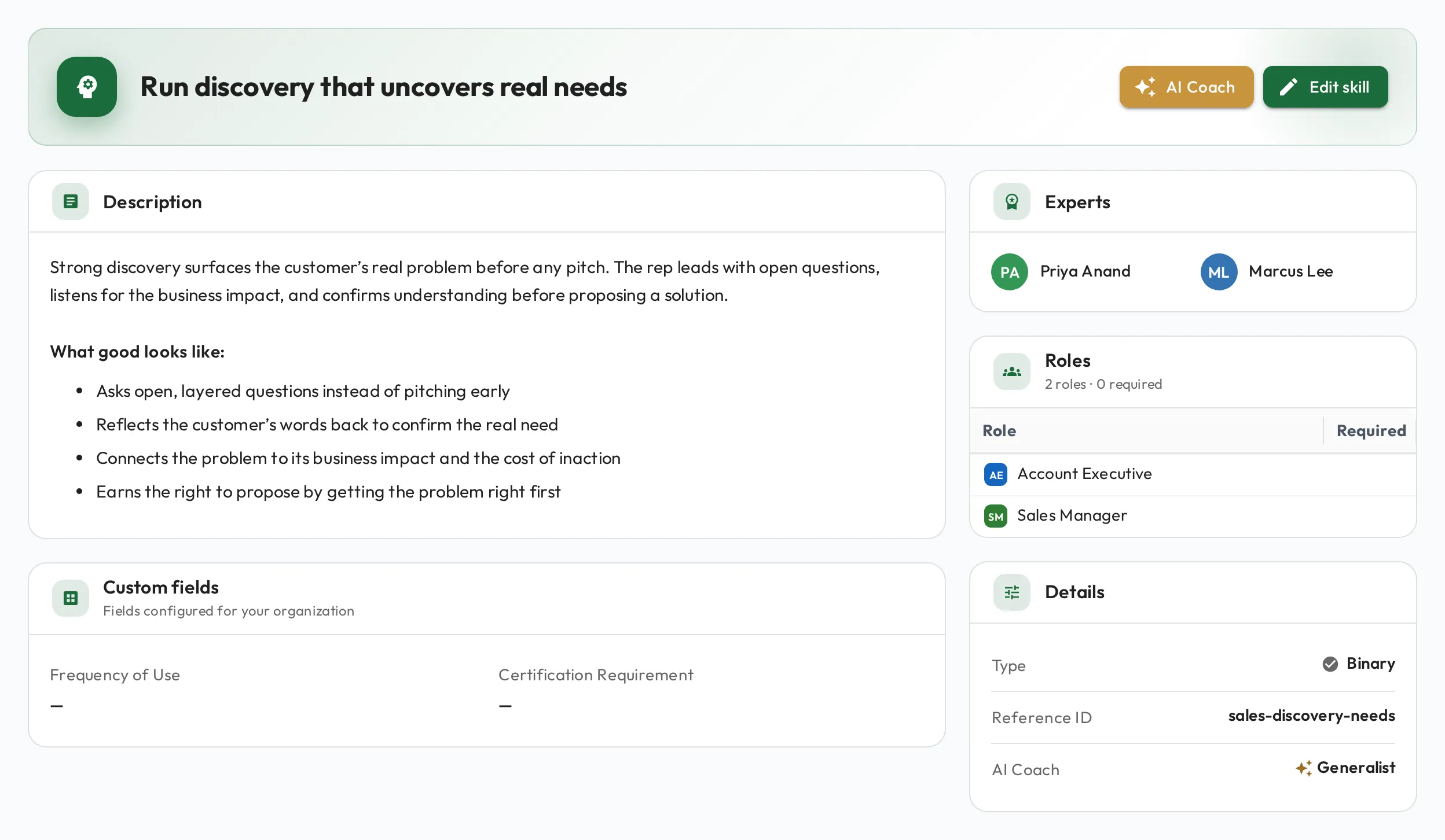 A Skill's page with a Custom fields section showing the organization's configured fields, a Frequency of Use list and a Certification Requirement yes/no flag, beside the skill's description, roles, and details.