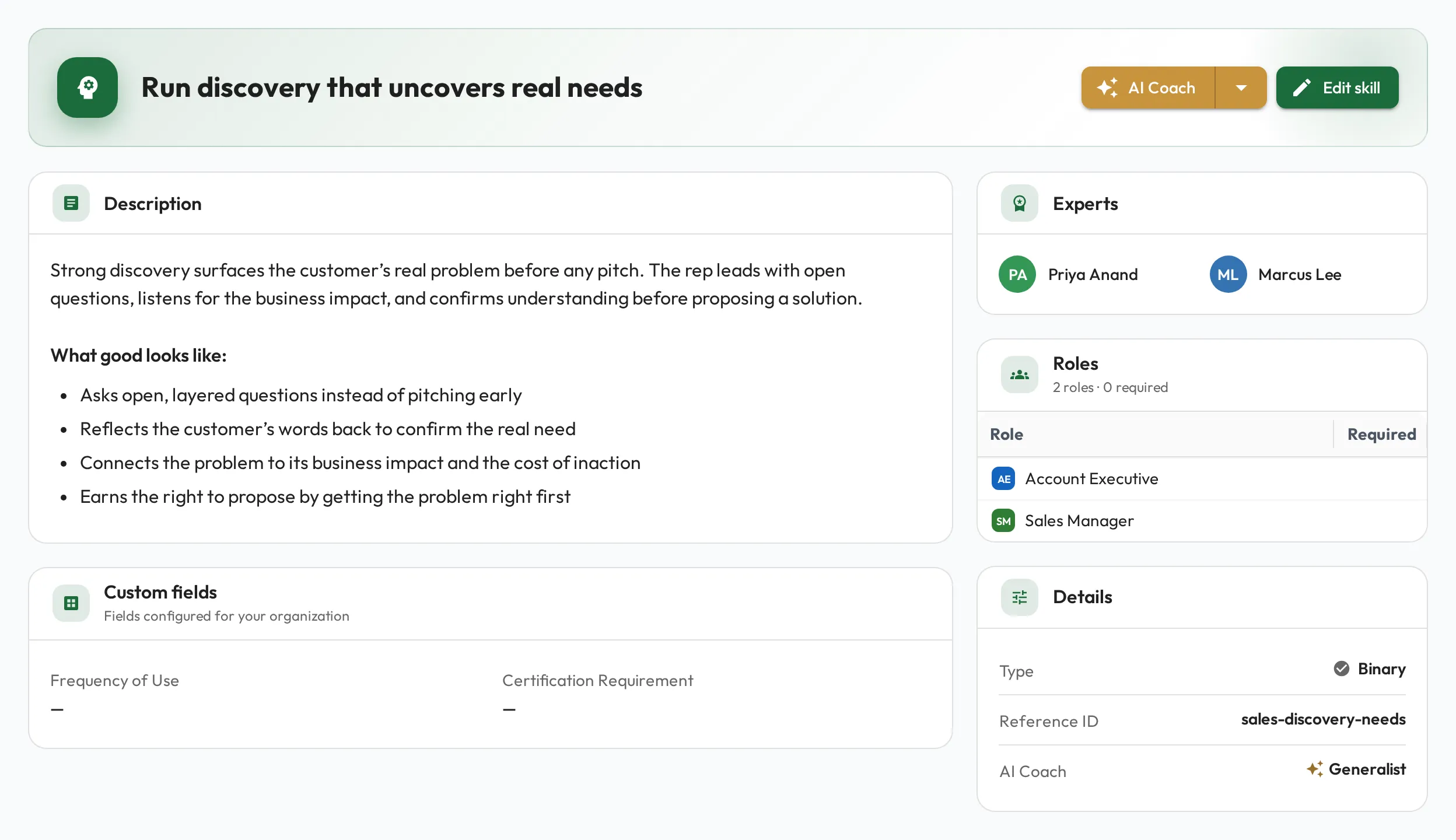 A Skill's page with a Custom fields section showing the organization's configured fields, a Frequency of Use list and a Certification Requirement yes/no flag, beside the skill's description, roles, and details.