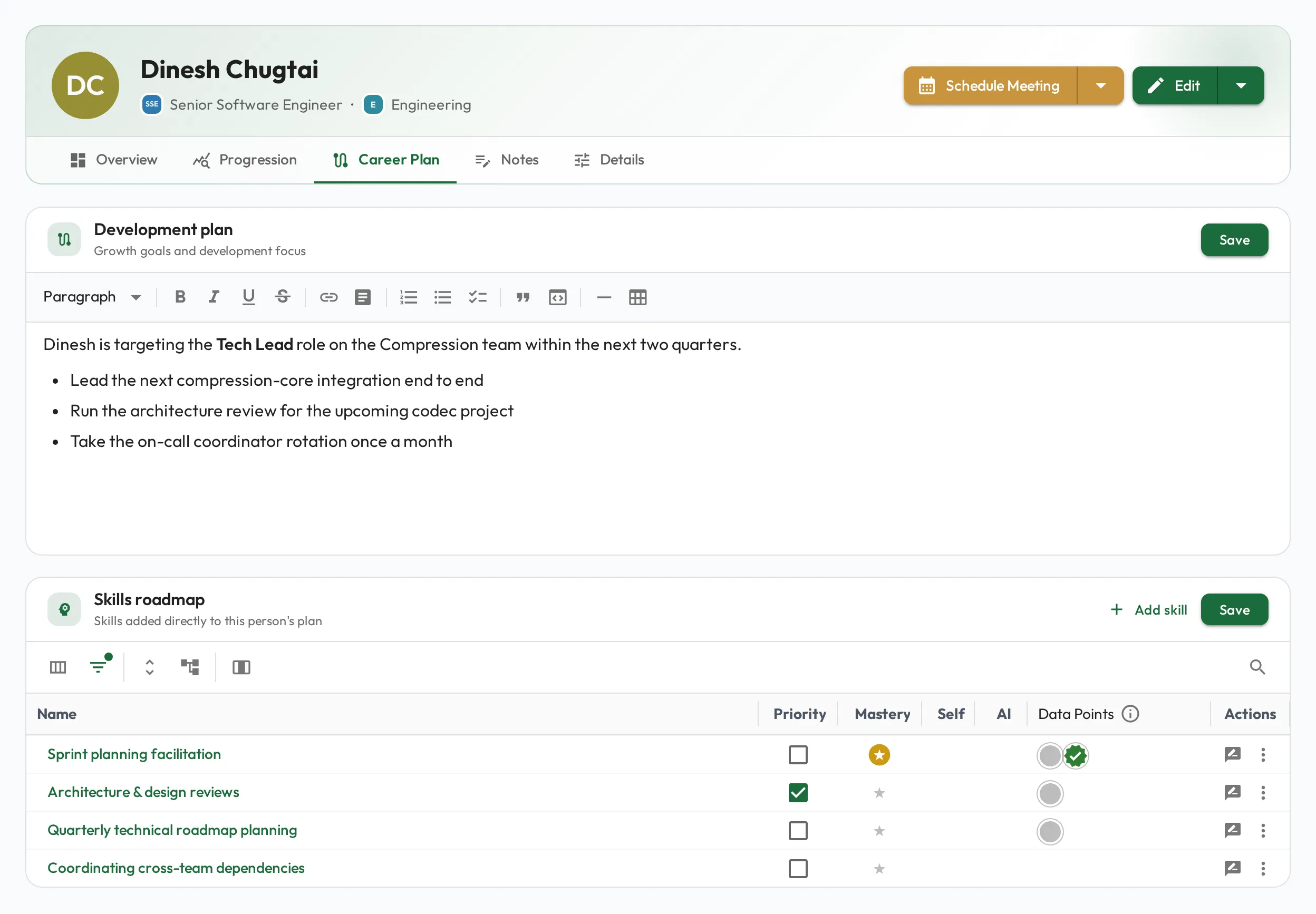The Career Plan tab on a staff profile: an open-ended development plan describing the path to Tech Lead, above a Career Plan Skills grid tracking next-role skills with mastery status.