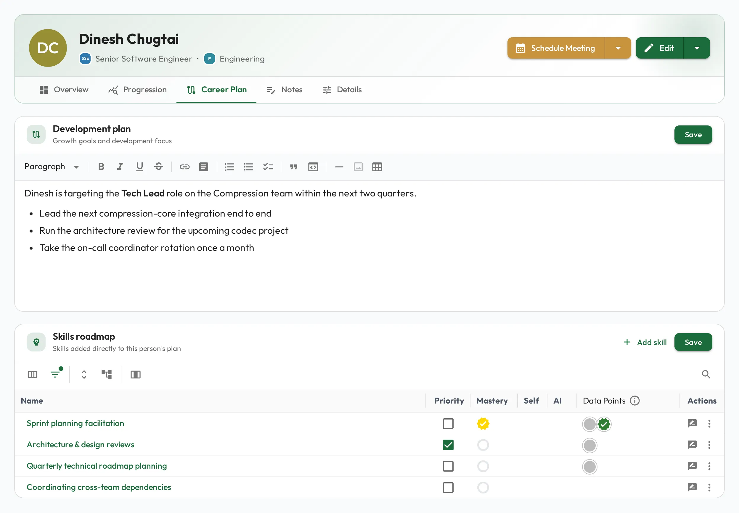 The Career Plan tab on a staff profile: an open-ended development plan describing the path to Tech Lead, above a Career Plan Skills grid tracking next-role skills with mastery status.