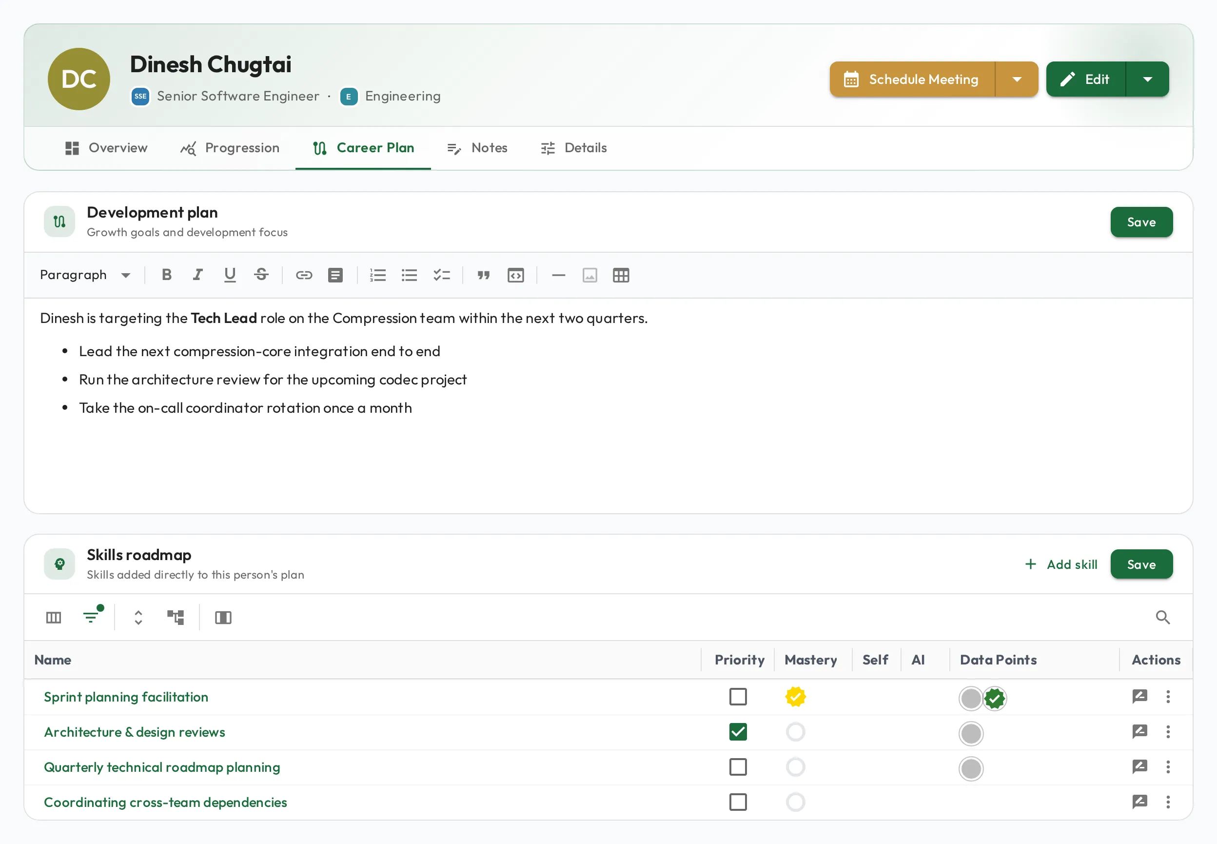 The Career Plan tab on a staff profile: an open-ended development plan describing the path to Tech Lead, above a Career Plan Skills grid tracking next-role skills with mastery status.