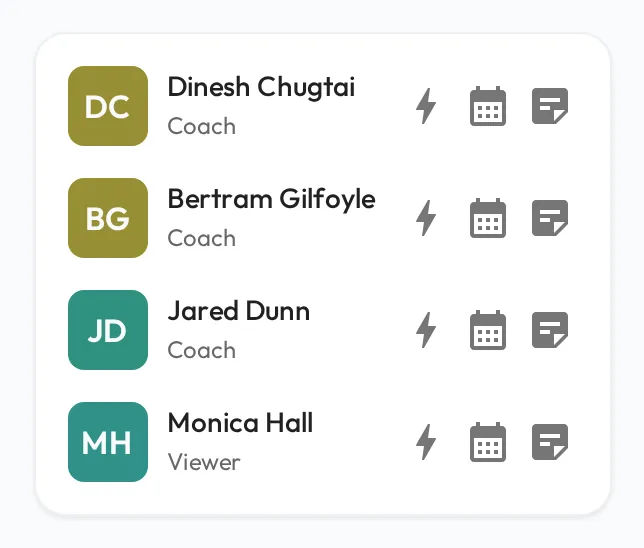 The My Relationships widget on a mobile screen: each person you coach listed with quick actions to start a session, schedule a Meeting, or add a note.