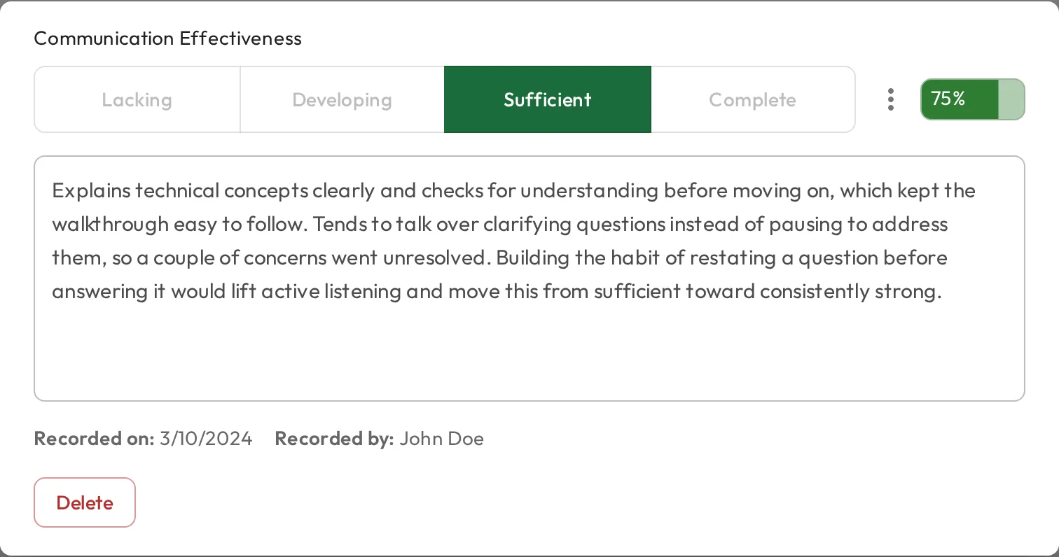 A skill observation showing an AI-generated assessment score that the person can delete.