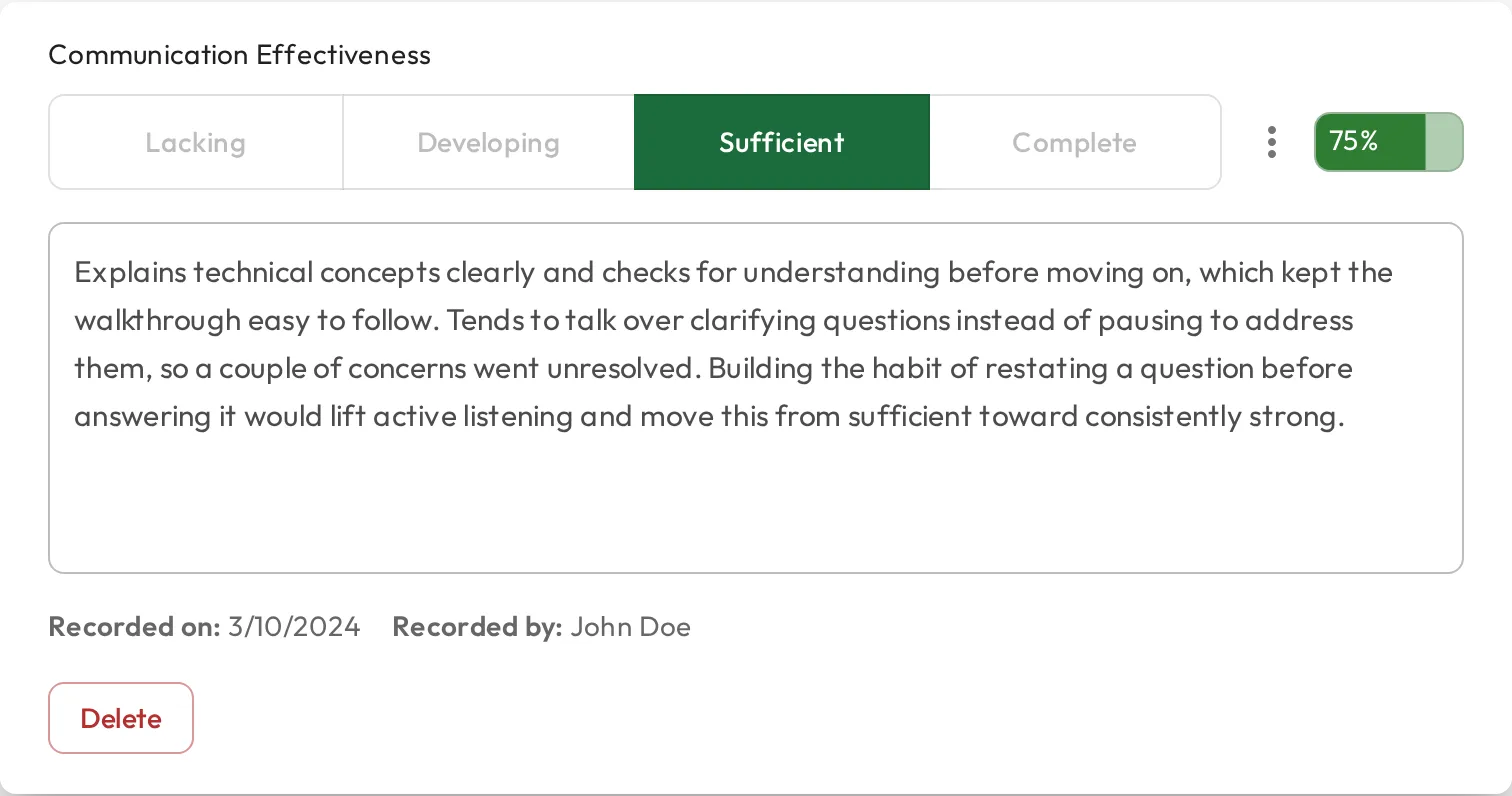 A skill observation showing an AI-generated assessment score that the person can delete.