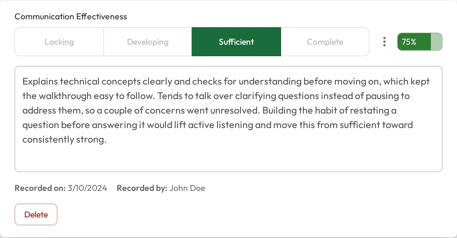 A skill observation showing an AI-generated assessment score that the person can delete.