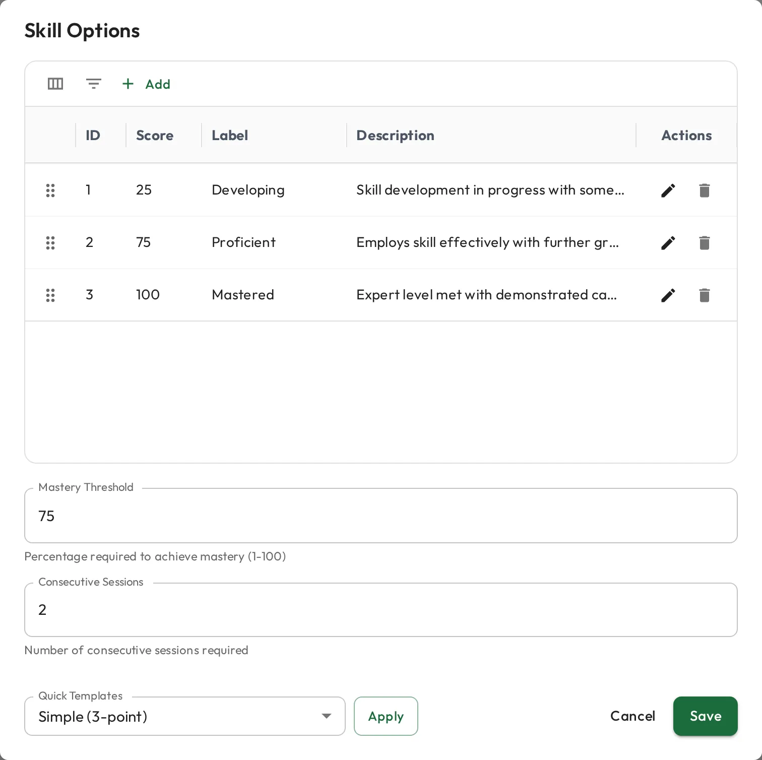 The Skill Options dialog for a rating skill: three rating levels mapped to scores, a mastery threshold of 75, and two consecutive sessions required.