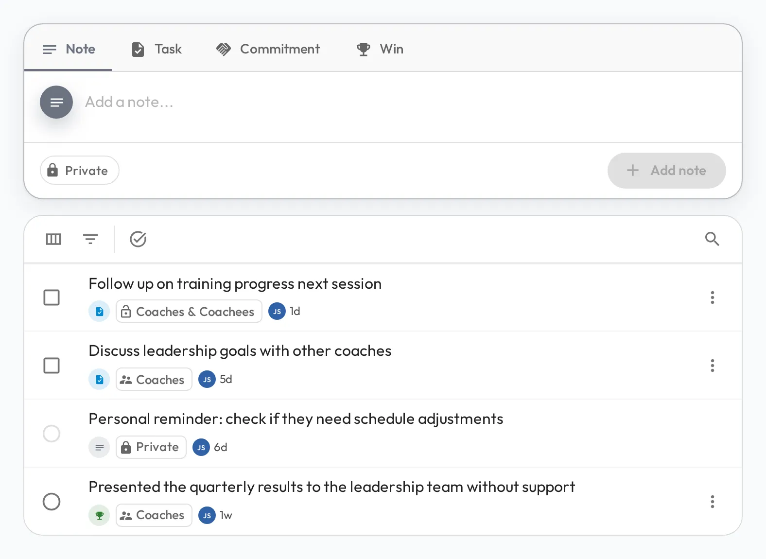 The Notes tab on a staff profile: a box for adding a note, task, or win above a list of notes, each showing who can see it, with a checkbox on tasks and a circle on notes and wins to mark it discussed.