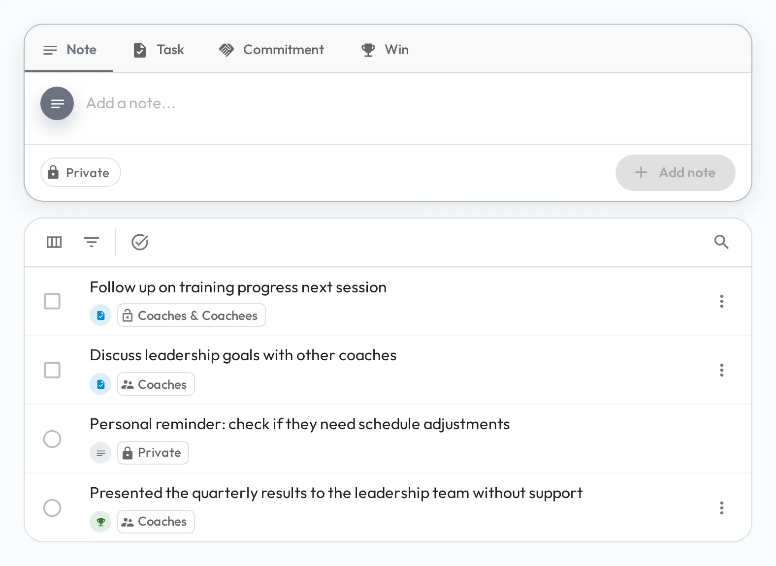The Notes tab on a staff profile: a box for adding a note, task, or win above a list of notes, each showing who can see it, with a checkbox on tasks and a circle on notes and wins to mark it discussed.
