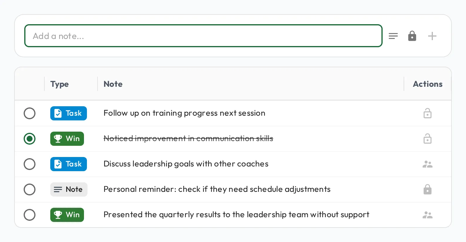 The Notes tab on a staff profile: a list of notes typed as Task, Win, and Note, each with a visibility icon and a radio button to mark it discussed.