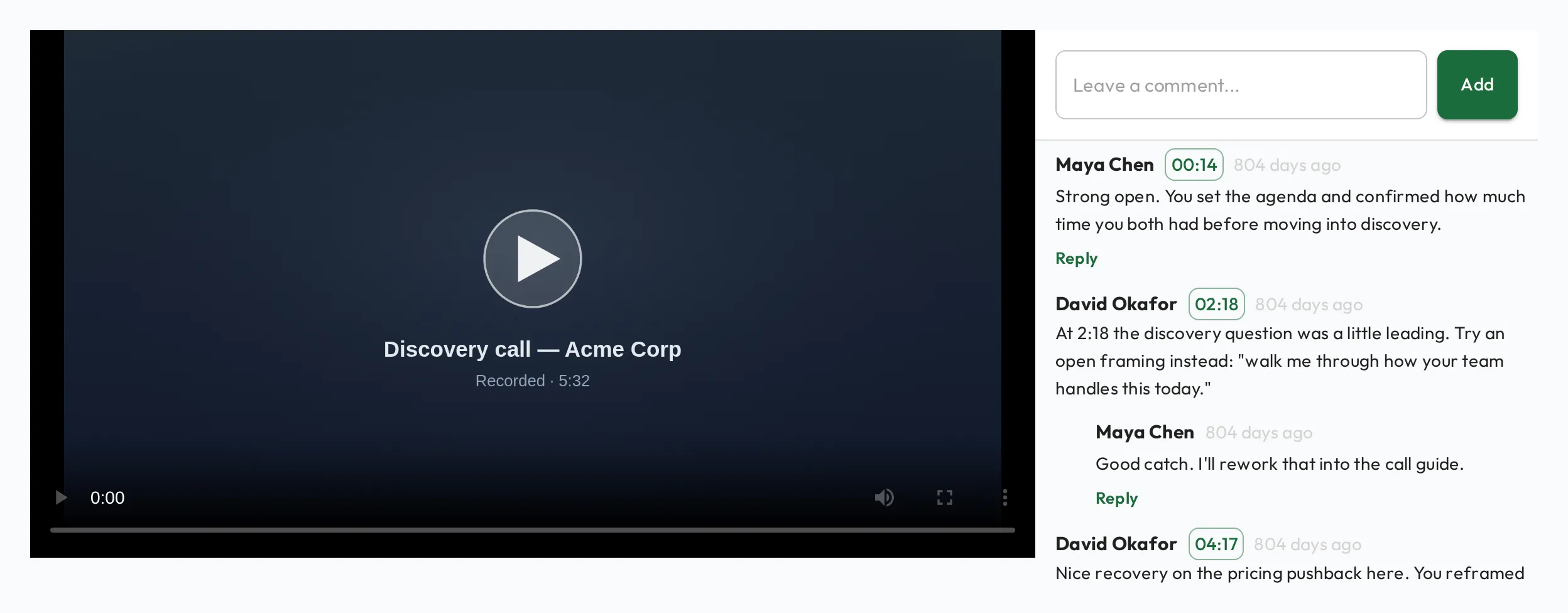 A recorded coaching call with a comment panel beside it; each comment is pinned to a timestamp like 0:14 or 2:18 and can be replied to.