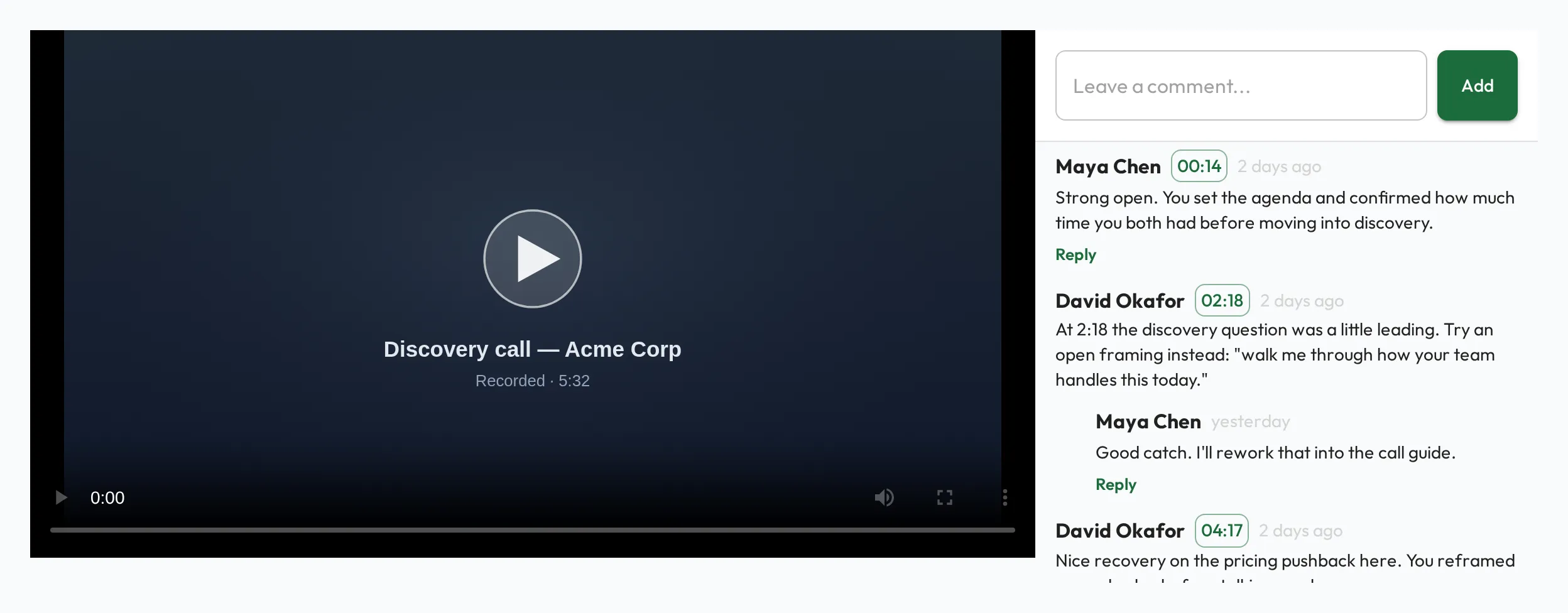 A recorded coaching call with a comment panel beside it; each comment is pinned to a timestamp like 0:14 or 2:18 and can be replied to.